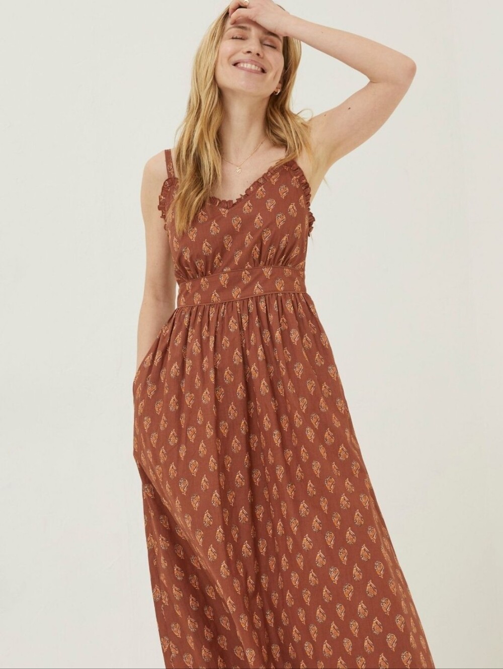10 Short Fatface Brown Woodblock Jayden Midi Dress